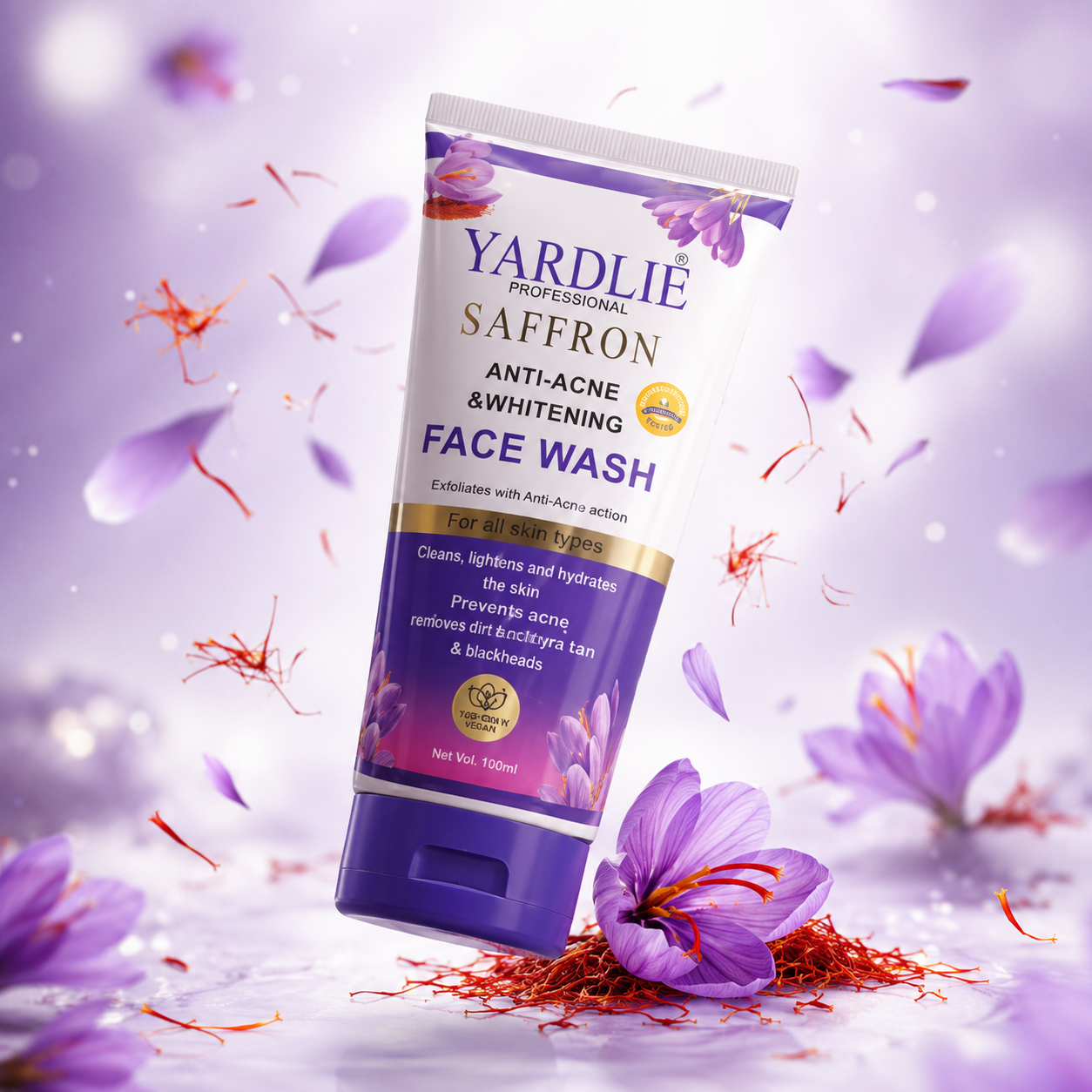 Yardlie Professional Saffron Anti-Acne & Whitening Face Wash – 100ml | Brightening Facial Cleanser